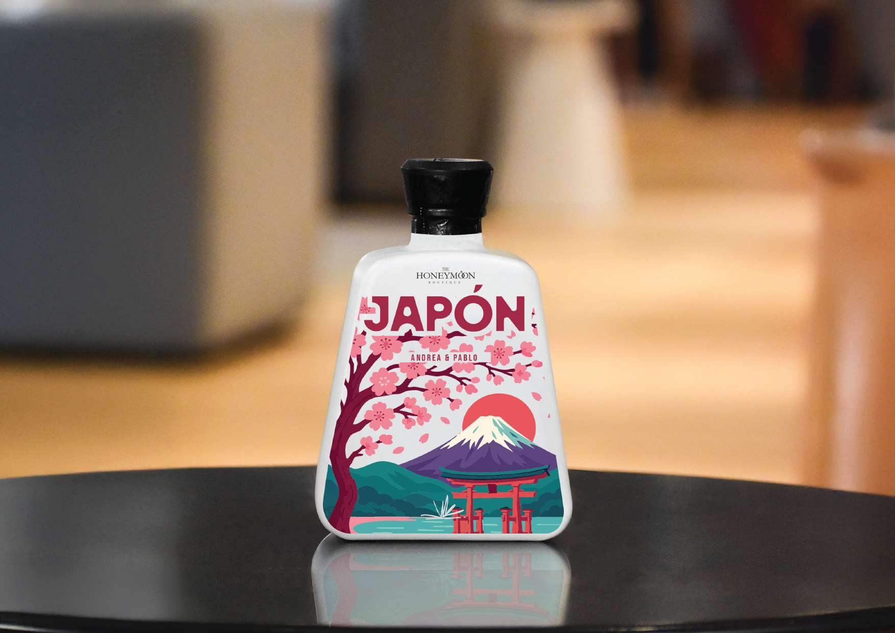 Botella Prisma blanca con una ilustración de Japón para The Honeymoon Boutique