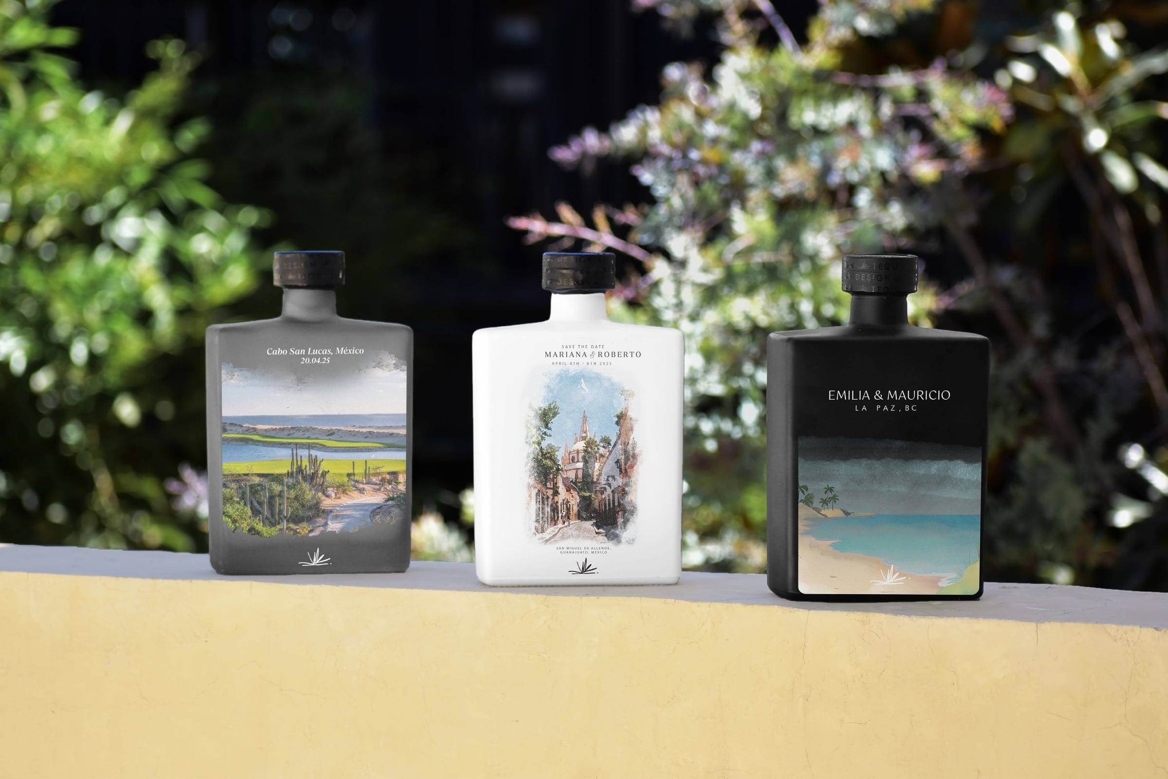 Tres botellas souvenir con ilustraciones de Cabo San Lucas, San Miguel de Allende y La Paz