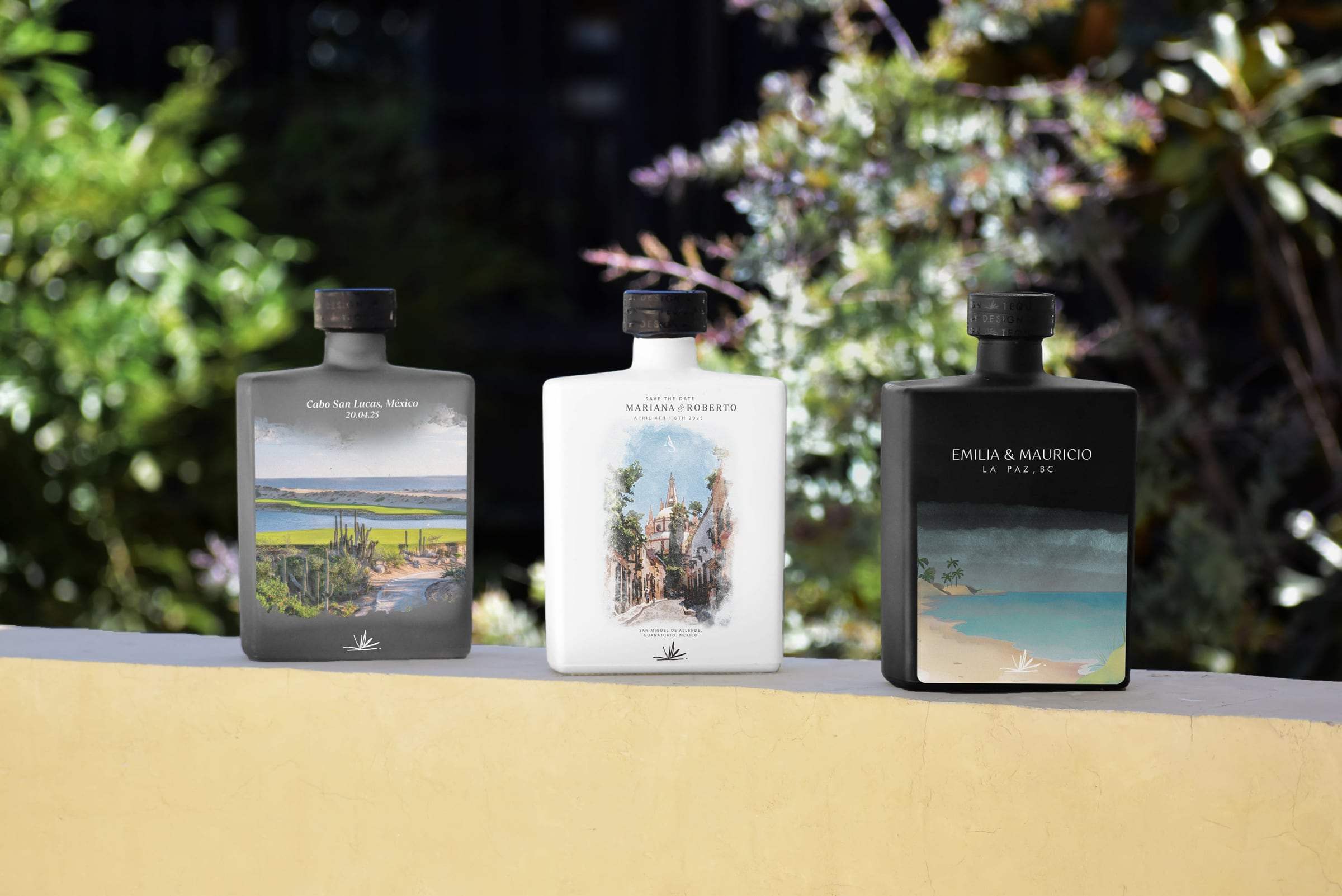 Tres botellas souvenir con ilustraciones de Cabo San Lucas, San Miguel de Allende y La Paz
